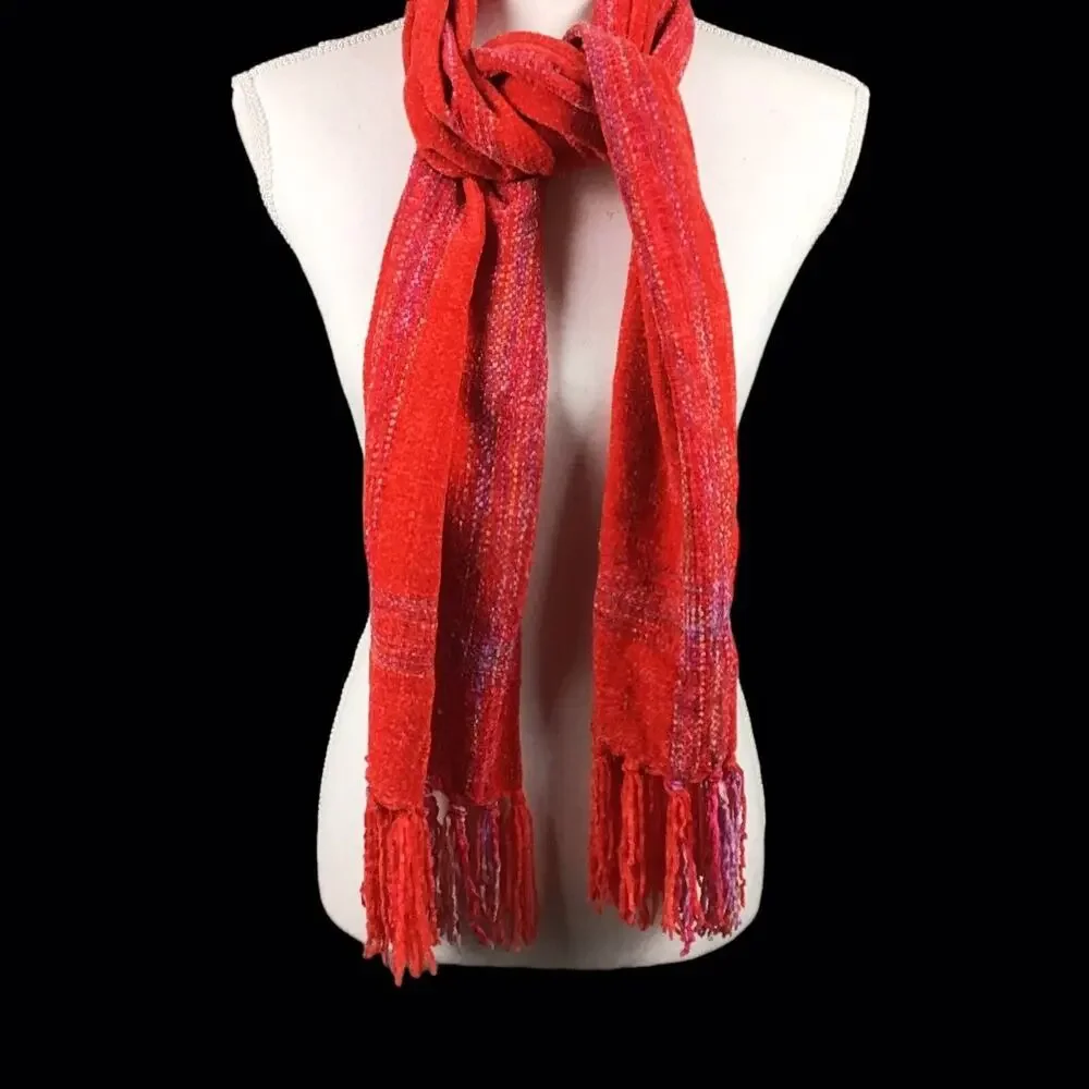 Collection 18 Pink Red Chenille Stripe Muffler Scarf Fringe NWT